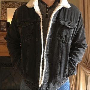 Black Denim Sherpa lined jacket by Sunrise Kingdom (Size Large)